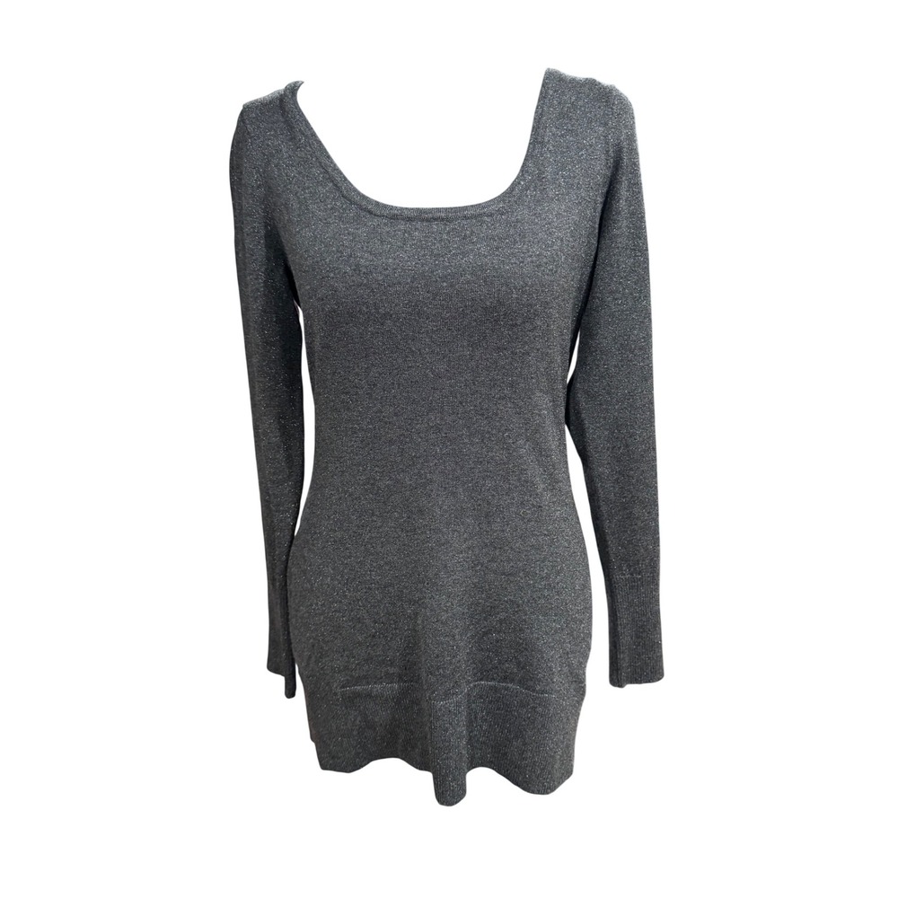 Cache Metallic Charcoal Grey Strappy Lattice Back Sweater Long Sleeve Medium